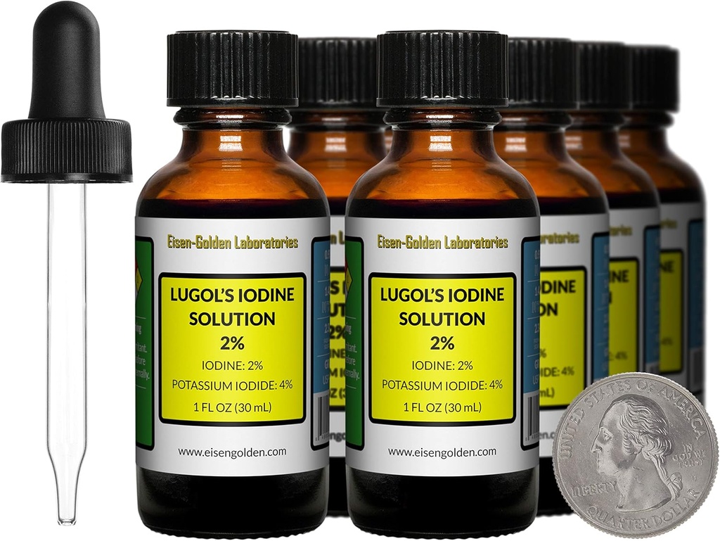 Iodo de Lugol / 2% Solución / 8 Oz en ocho botellas de vidrio ámbar / gotas libres