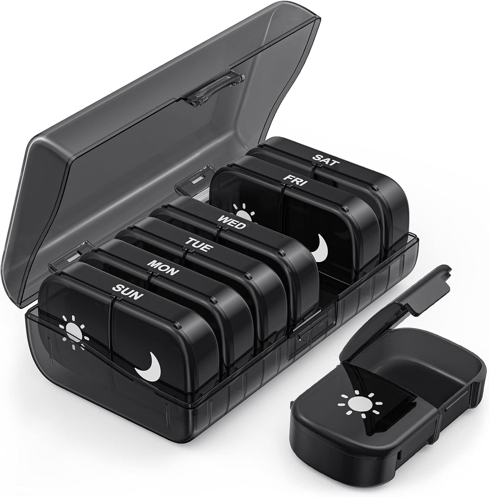 PULIV Organizador de píldoras semanales extra grandes 2 veces al día, Caja de píldoras abiertas de un solo lado 7 Día para un fácil llenado, Protección de privacidad negra AM Caso de píldoras para vitaminas, medicamentos, suplementos, aceites de pescado Negro