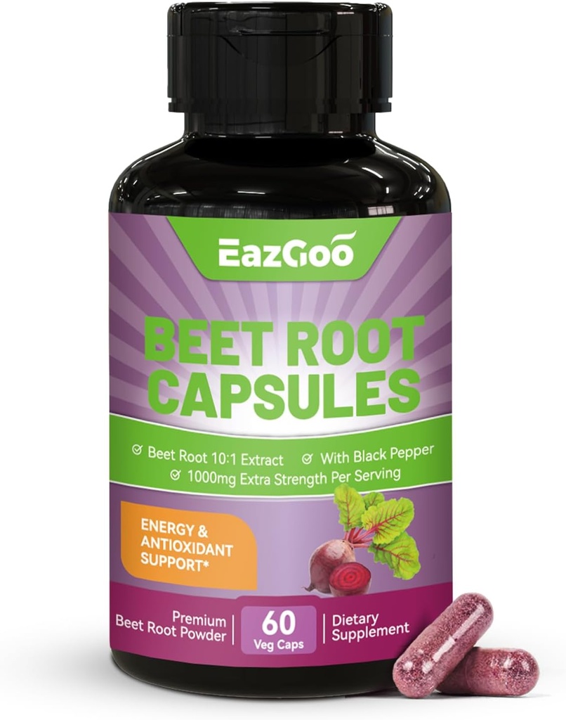 Beet Root Capsules 1000mg Por Serving, soporta la producción de óxido nítrico " Presión de sangre, con extracto de cobre negro, no GMO, Gluten Free, Vegan - 60 Condes