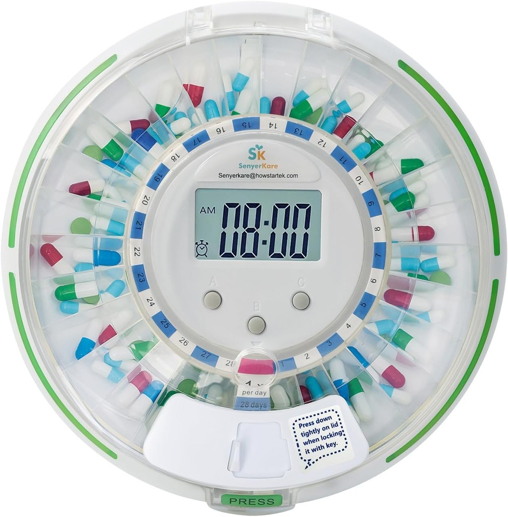 Dispensador automático de píldoras con cerradura de seguridad, luz de inmersión, sonido, alarma, dispensador electrónico de 28 días para vitaminas y tabletas de hasta 6 veces/día, fácil visualización de lectura, tapa clara