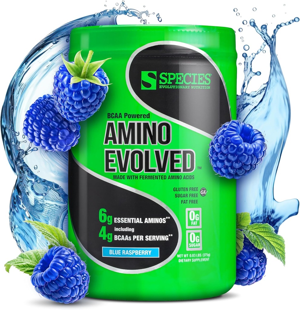 Especies Nutrición Amino Evolved EAA & BCAA Powder, Fermented Aminoácidos de Cadena Sustituida, Recuperación de Musculos & Resistencia, Pre &amp; Post Workout Suplemento (Blue Raspberry, 30 Servimientos)