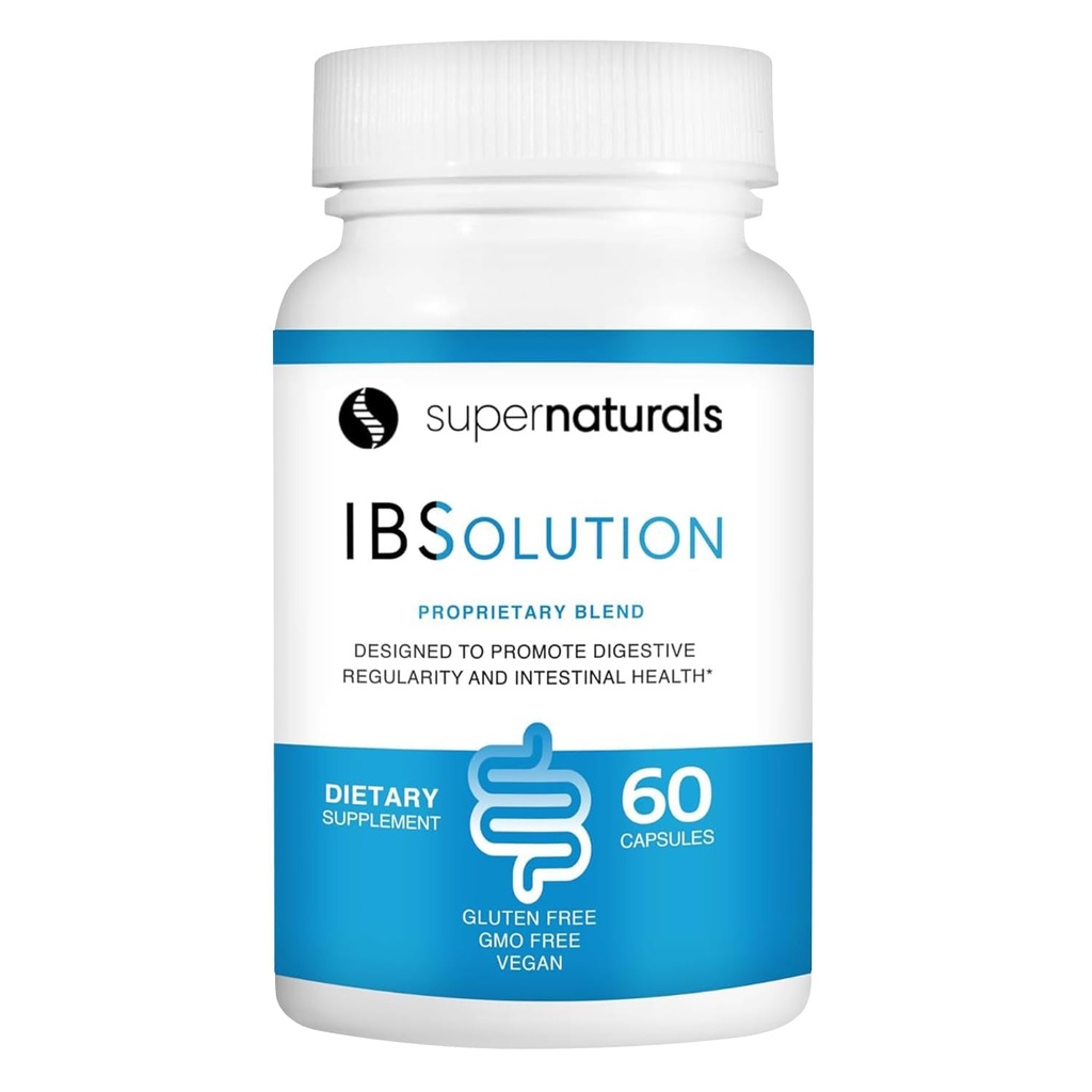 SuperNaturales IBSolución - Hecho en EE.UU., No GMO, Gluten Free &amp; Vegan (60 cápsulas) - para los síntomas de IBS (Bloating, Constipation, Gas, Diarrhea, Dolor Abdominal)