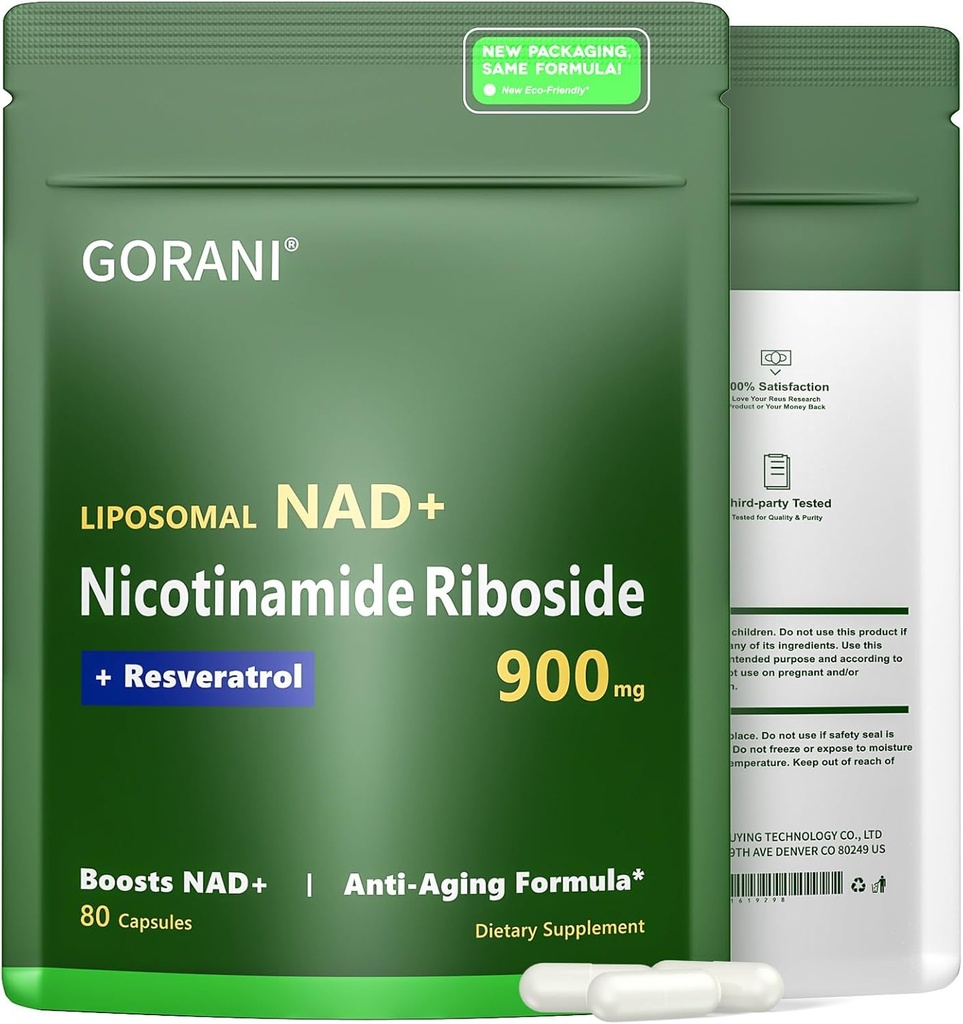 Gorani NAD+ Suplemento 900MG, Nicotinamide Riboside, Liposomal Resveratrol, Quercetin (1)