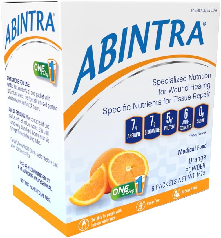 ABINTRA Nutrición especializada para curar heridas Incluye L-Arginina, sabor a naranja, 6 paquetes, 27g cada uno