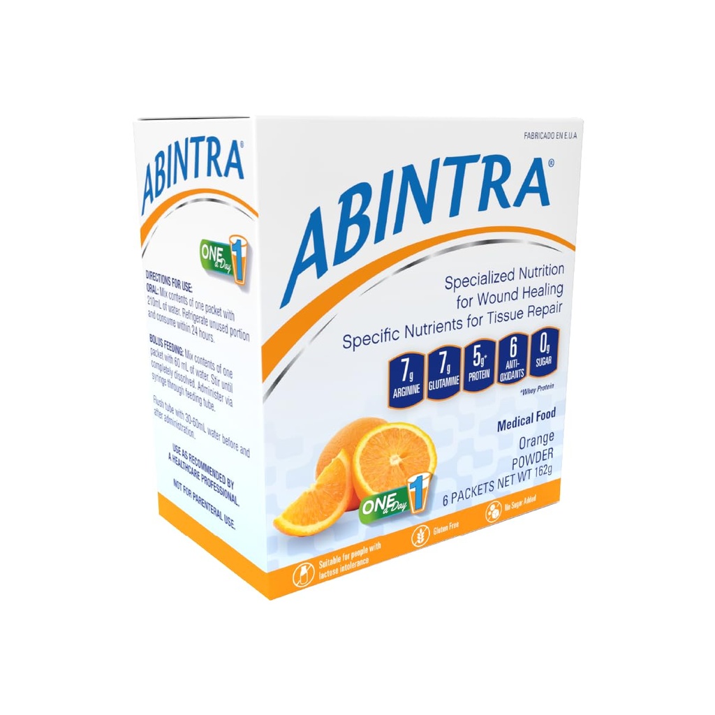 ABINTRA Nutrición especializada para curar heridas Incluye L-Arginina, sabor a naranja, 6 paquetes, 27g cada uno