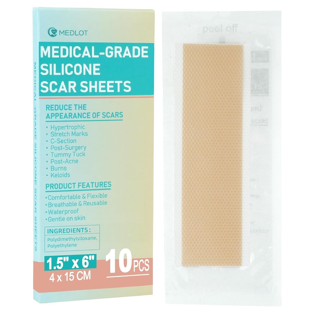 Silicone Scar Sheets, 10pcs, Silicone Tape for Scar Treatment, Reusable Scar Strips for Surgical, C-Section, Keloid Bump, Stretch Marks, Burn, Acne Scar Removal, Each 1.5” x 6”
