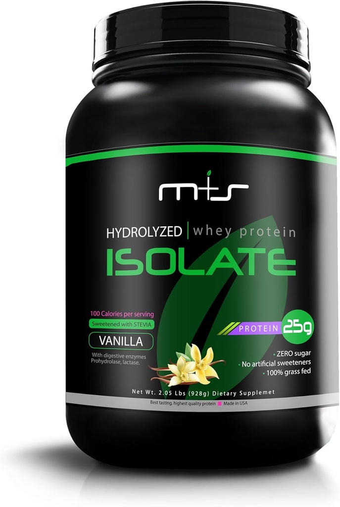 M+S 100% Grass Fed - Hydrolyzed Whey Protein Isolate Powder- Gluten Free, Fast Absorbing, Easy Digesting, Stevia Sweetened (Vanilla, 2.05 Lb)