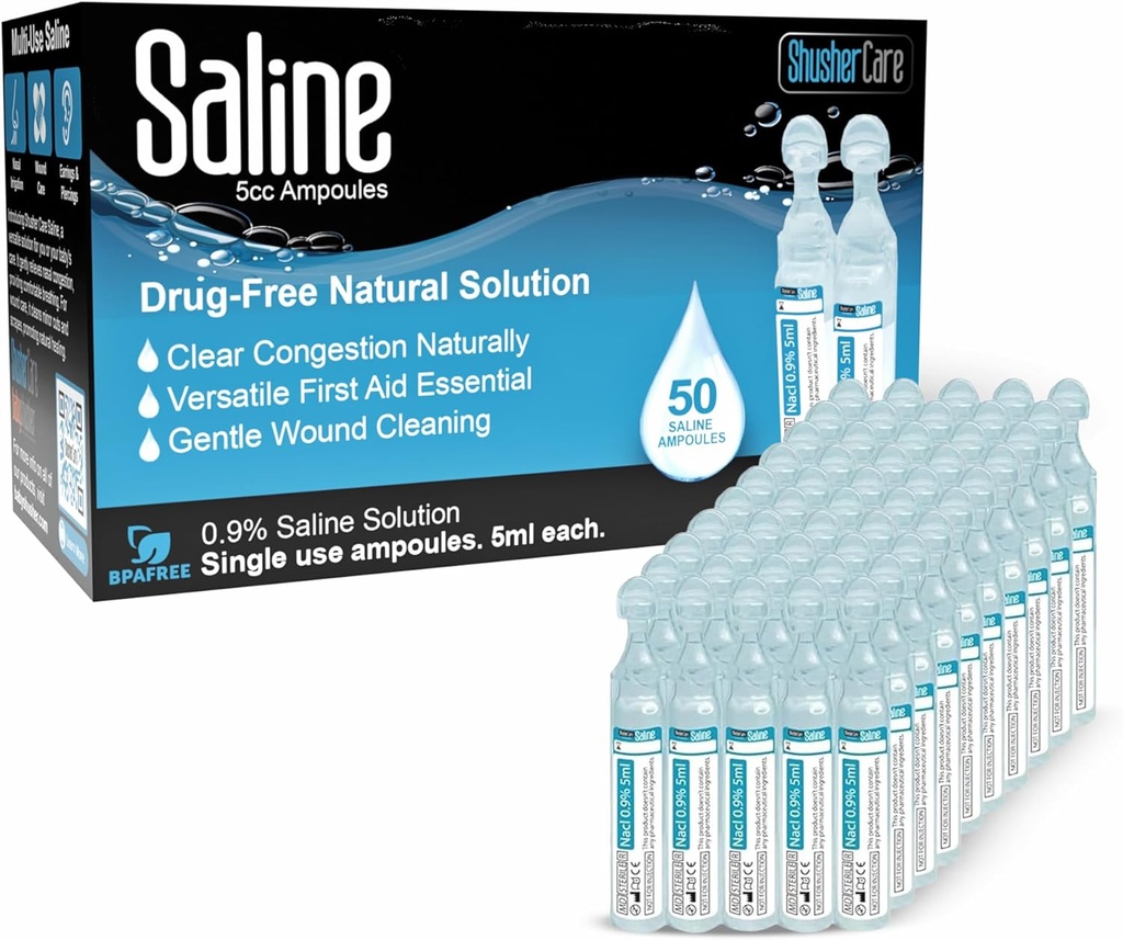 Ampollas de Saline - Solución de Saline para Nebulizador, Cloruro de Sodio 0,9%, Limpieza de Nasal para bebés, niños, " Adultos, Cuidado de Nasal estéril, Limpieza de heridas - 50 Cuentas (5 ml cada uno)
