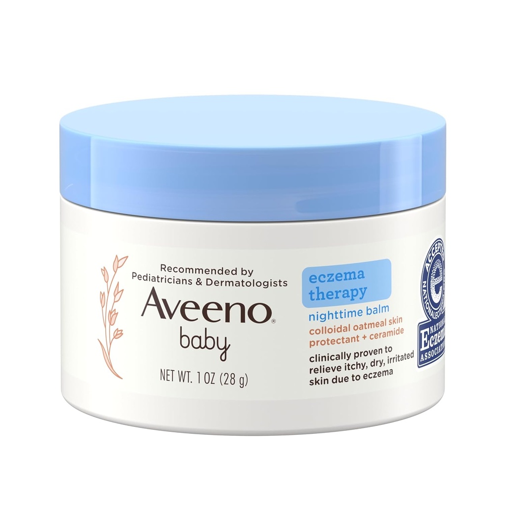 Aveeno Baby Eczema Therapy Nighttime Moisturizing Balm, Colloidal Oatmeal " Ceramide, Soothes ' Relieves Dry, Itchy Skin from Eczema, Hypoallergenic, Fragrance-Free, Travel Size, 1 oz