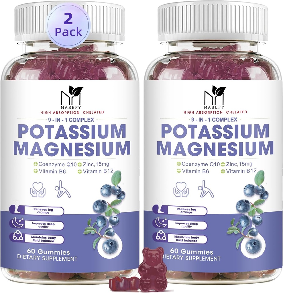 2 Pack Potasio Gummies de Magnesio, Gummies de Potasio Libre de Azúcar con Magnesio Glycinate 500 mg Magnesio Chewable Suplementos de Potasio con Calcio, Zinc, Vitamina para Cánceres de Legislatura