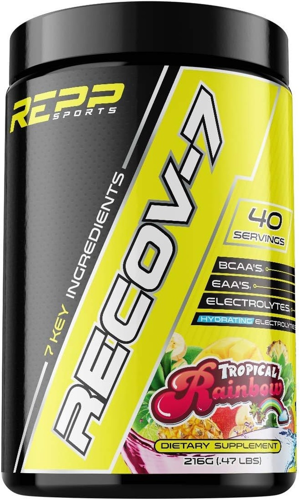 REPP Sports Recov-7 Full Spectrum EAAs y BCAAs  durable Advanced Recovery and Glycogen Replenishment for Intra-Workout (Tropical Rainbow, 40 Servings (216g))