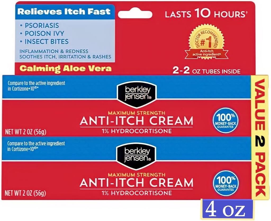 Berkley Jensen Maximum Strength Anti-Itch Cream (4 oz.), con Aloe Vera Calmante, 1% Hydrocortisone Itch Relief for Eczema, Psoriasis, Bug Bites, Poison Ivy, Oak y Sumac, 2 oz. Tubo (Pack of 2)