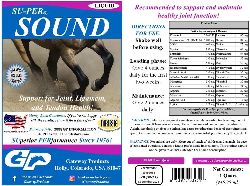 SU-PER Suplemento de Caballo Conjunto - Apoyo para la Salud Conjunta, Ligamento y Tendon - Vitaminas y Minerales de Caballos, Glucosamina, MSM, Bromelain, Aminoácidos, Lysine - 1 Quart, (2 Pack)