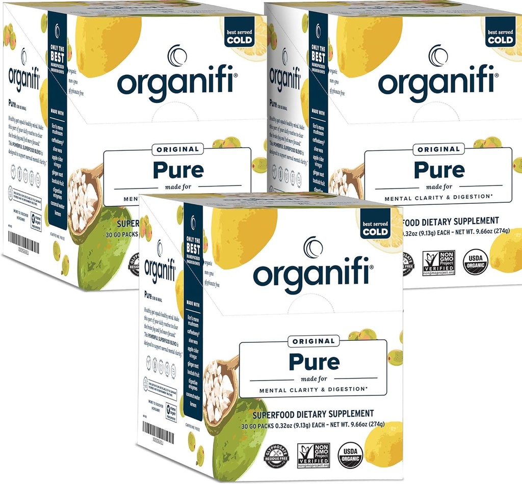 Organifi: Paquetes inteligentes puros - Cerebro orgánico y apoyo a la inmunidad - Revitalizes Daily Mental Focus - Lemon Flavor, 3 Pack