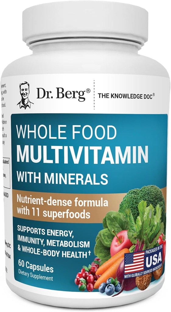 Dr. Berg Whole Food Multivitamin with Minerals - Daily Multivitamin for Men and Women - Incluye frutas enteras de alimentos Premium y mezcla vegetal con ácido folato, alfalílico y más - 60 cápsulas