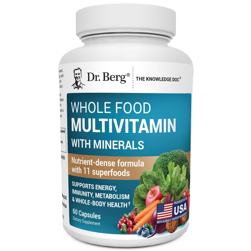 Dr. Berg Whole Food Multivitamin with Minerals - Daily Multivitamin for Men and Women - Incluye frutas enteras de alimentos Premium y mezcla vegetal con ácido folato, alfalílico y más - 60 cápsulas