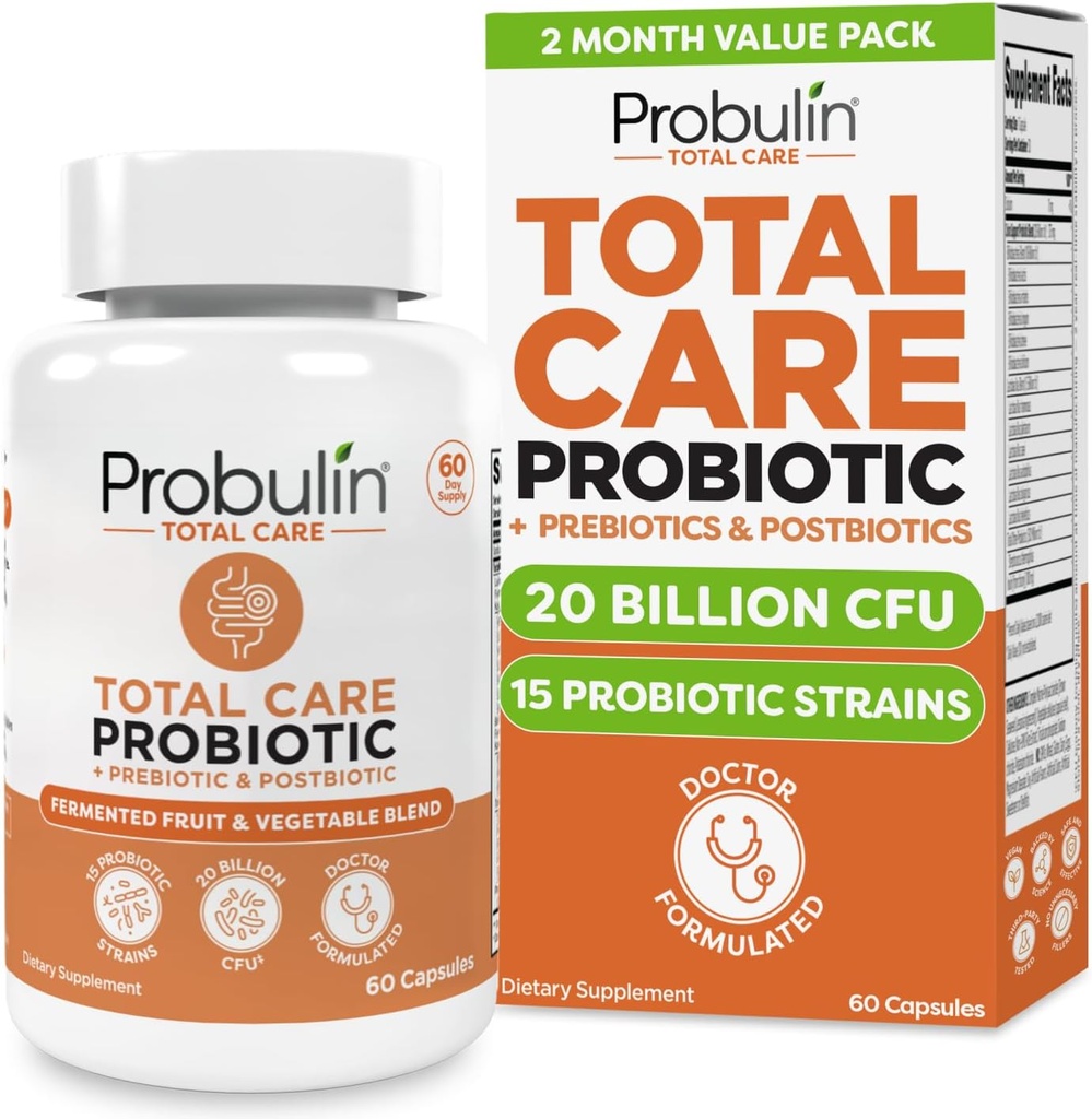 Probulina Total Care Probiotic Supplement, Daily Gut, Digestive, and Immune Health Probiotics Capsules for Men and Women, 20 Billion CFU, Vegan, 60 Conde Bottle
