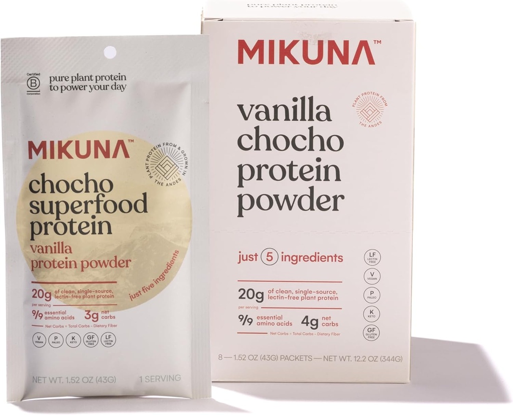 Proteína Superalimentaria Mikuna Chocho, Polvo de proteínas de base vegetal, Paquetes de viaje - Vegan, Gluten Gratis, 3g Net Carbs o Menos, y Bioavailable, No-Isolato (8 Servings, Vanilla)