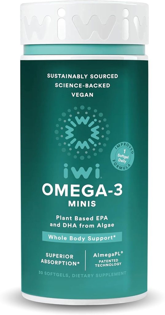 Iwi Omega-3 Mini Softgels (30 Servings), Fácil de Tragar, Alga de base vegetal Omega 3 con EPA + DHA, Soporte integral Suplemento dietético, Krill " Fish Oil Alternative, No Fishy Aftertaste