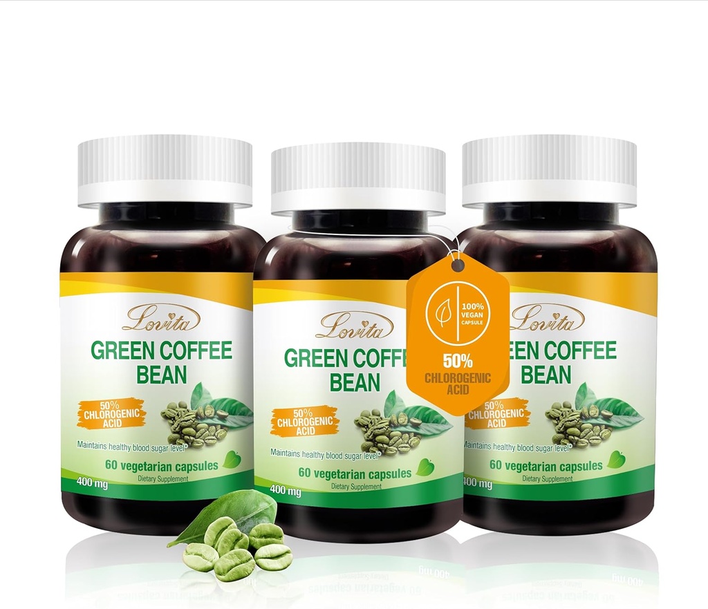 Lovita Green Coffee Bean Extract, 50% Chlorogenic Acid for Metabolism, Energy & Weight Management, 800 mg por día, Vegan, Non-GMO, Gluten-Free, Natural Antioxidant Supplement, 180 Capsules