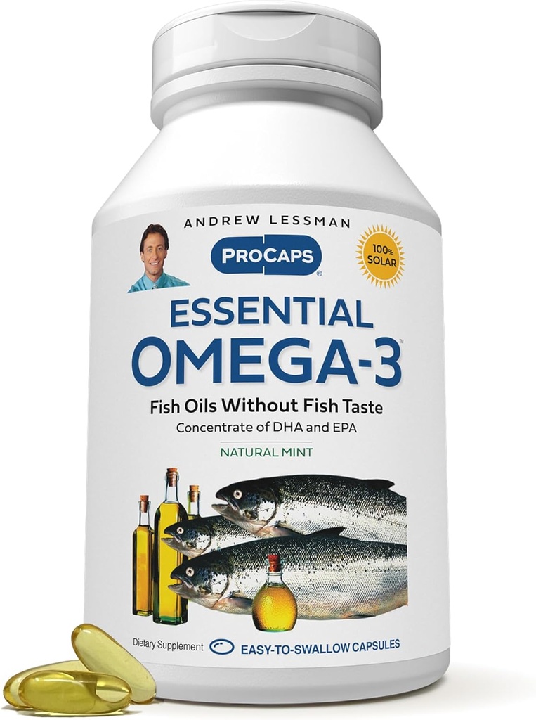 ANDREW LESSMAN Essential Omega-3 Mint - 60 Softgels - Ultra-Pure, Alta Potencia Omega-3 Oils. High DHA, No Stomach Upset, No Contaminants, No Mercury. Pequeño fácil de absorber Softgels