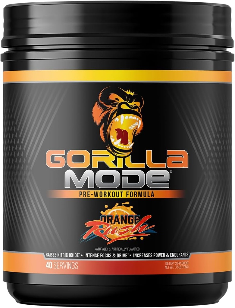 Gorilla Mind Pre Workout - Massive Pumps Laser Focus Energy Power - L-Citrulline, Creatine, L-Tyrosine, Betaine, Hydroprime, Alpha-GPC, 400mg Caffeine, Huperzine A - 796g (Orange Rush)
