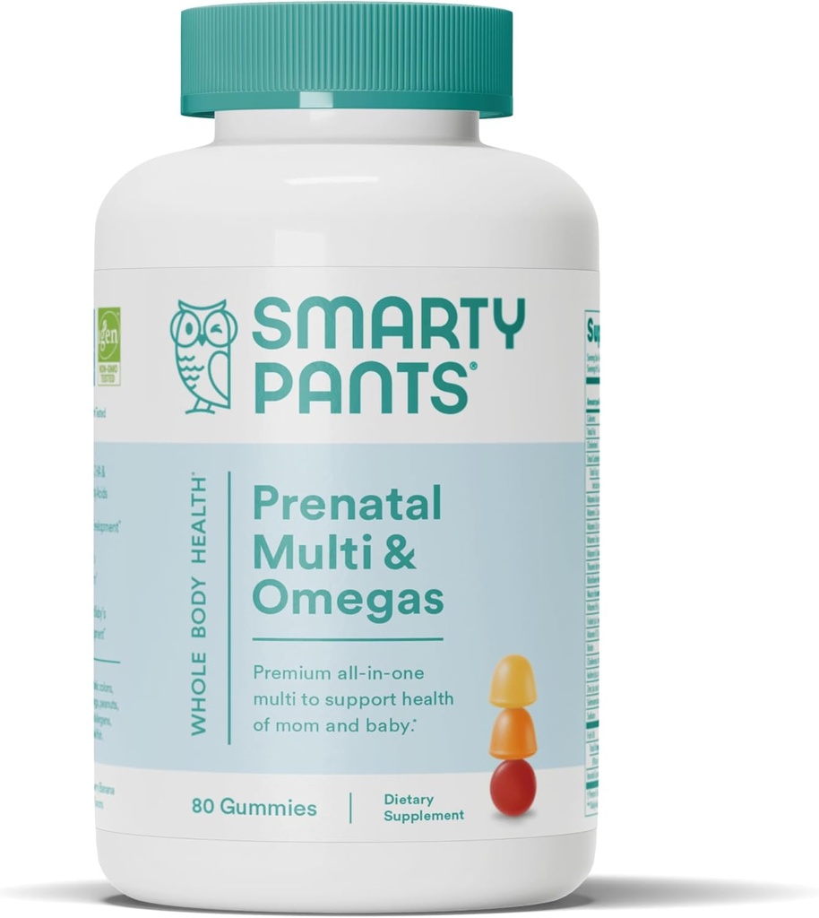 SmartyPants Prenatal Vitamins for Women, Multivitamin Gummies: Omega 3 Fish Oil (EPA/DHA), Biotina, Methylfolate, Vitamina D3, C, Vitamina B12, B6, A, K & Zinc, Inositol, 80 Cuenta (20 Day Supply)