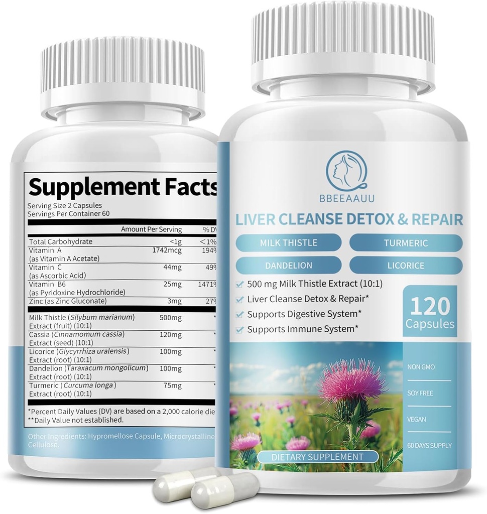Milk Thistle Supplement Capsules, Liver Health Formula, with Dandelion Root, 10:1 Extract, for Liver Detox Cleanse Support, Digestive & Immune System, 120 Veggie Caps
