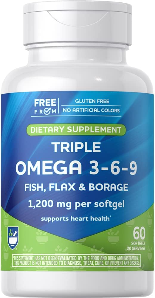 Rite Aid Triple Omega 3, 6, 9 Softgels - 60 Cuenta aceite de pescado para apoyar un corazón saludable, DHA y EPA, aceite de Flaxseed y Borage