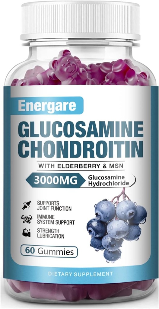 1 Pack 3000mg Glucosamine Chondroitin with MSM Gummies & Elderberry, Extra Strength Joint Support Health, Flexibility, Antioxidant, Immune Supplement Gummy for Adults, Men & Women 60 Counts