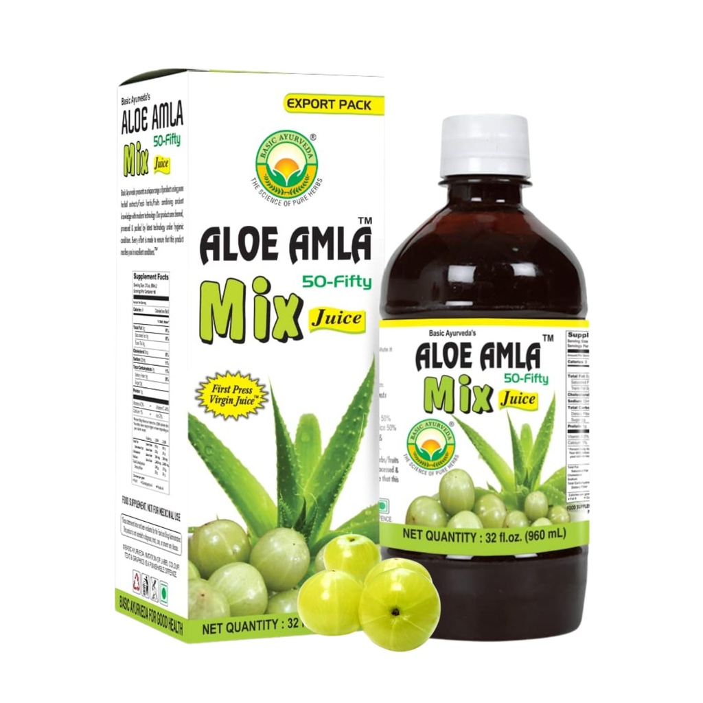 Basic Ayurveda Aloe Amla Mix Juice ← Blend of Aloe Vera &amp; Amla Fruit  First Press Virgin Juice ← Plant-Based Daily Drink ← Vegan " Non-GMO  32.46 Fl Oz (960ml)