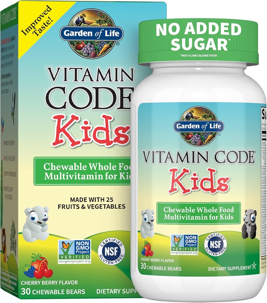 Jardín de la vida Suplemento multivitamínico vegetariano para niños - Código de vitaminas Chewable Raw entera vitamina alimentaria con probióticos, 30 osos chewable