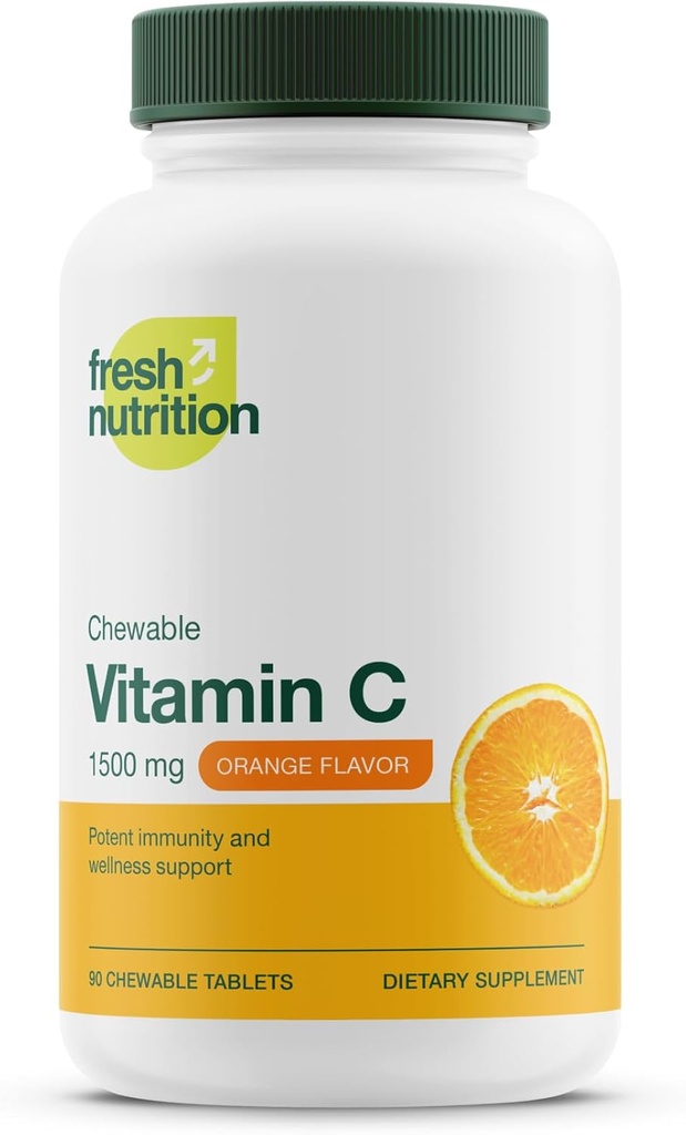 Nutrición fresca Vitamina C Chewables - Potente 1500mg por día Apoyo inmunitario - Todo Natural Tasty VIT C Suplemento - Vegan Friendly, Non-GMO, Gluten &amp; Soy Gratis - 90 Chewable Tablets