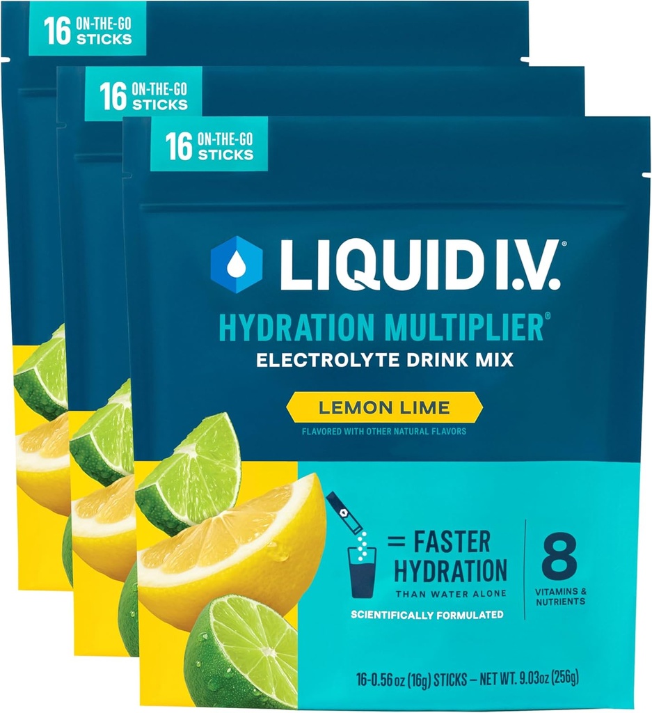 Líquido I.V.® Hydration Multiplier - Lime de limón ← Electrolyte Powder Drink Mix Silencio 3 Pack (48 Servings)