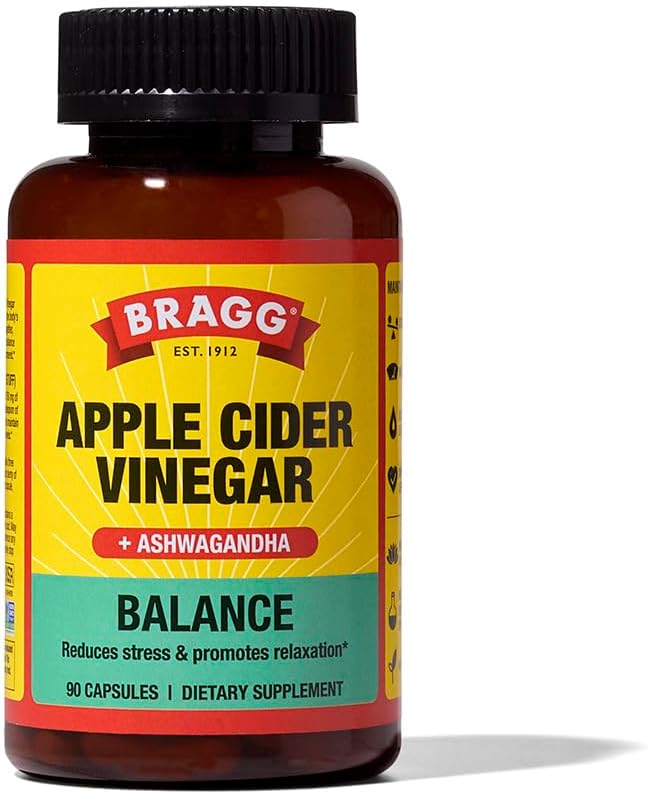 Bragg Daily Balance Apple Cider Vinegar y Sensoril Ashwagandha Capsules - 750 mg de Acetic Acid – Energy &amp; Weight Management Support - (90 pastillas)