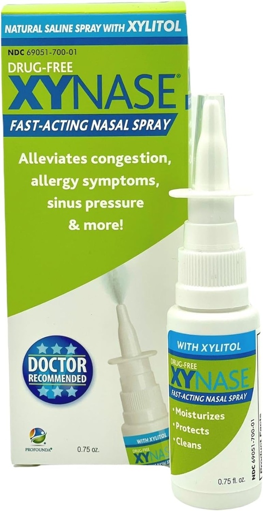 Xynase® Natural Saline Nasal Spray con Xylitol (0.75 fl oz) - Alivio suave para la congestión, alergias y presión sinusal, seguro para todas las edades