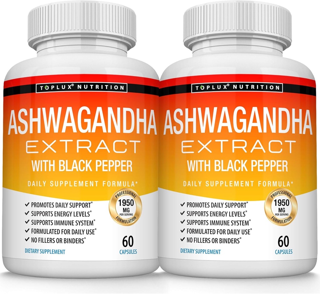 Orgánica Ashwagandha Root Powder Pills 1950 Mg con Black Pepper Extract - Puro suplemento natural de Ashwagandha, Apoyo Energía, para Hombre Mujeres, 60 cápsulas