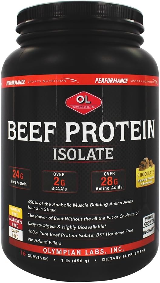Olympian Labs Beef Protein Isolate Powder, 24g Protein, BST Free, 2 Grams BCAA's, Muscle Building Amino Acids, 1 Pound, Flavored with Real Chocolate