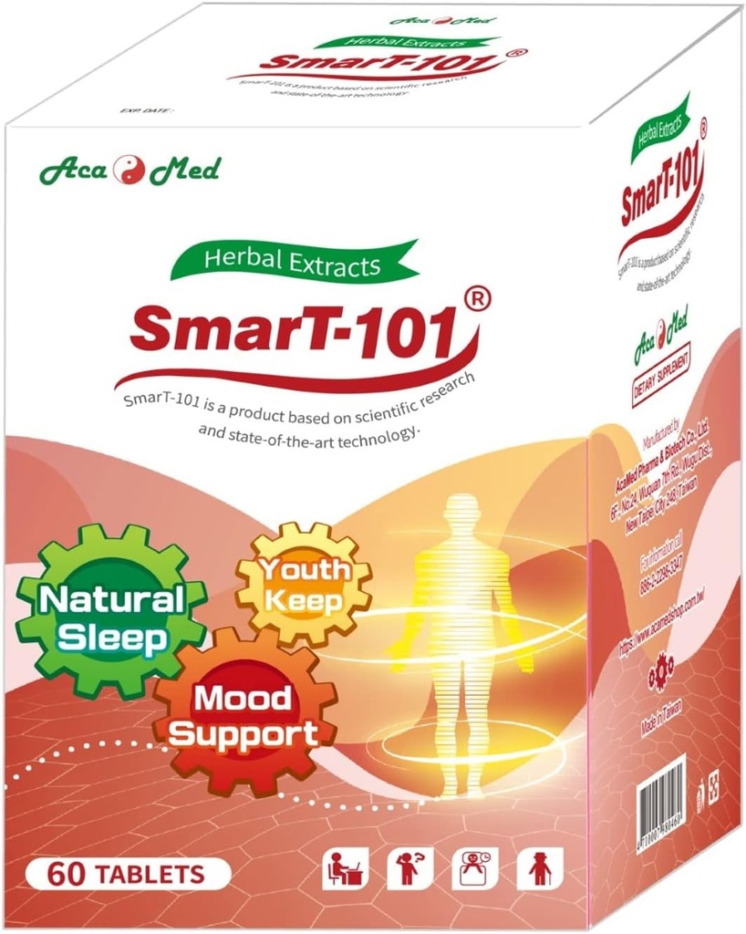 SmarT-101, Altamente Recomendado para Fog cerebral, Mejorar la memoria, Mejorar la calidad del sueño, Suplemento herbal, Vegan, 60 Tabletas.