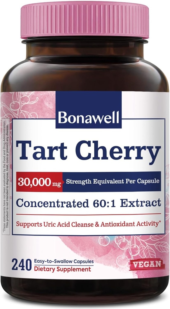 Bonawell Tart Cherry 60:1 Extracto, 30000mg Strength, Made from Montmorency Tart Cherries, Powerful Uric Acid Cleanse, 8 Month Supply, 240 cápsulas