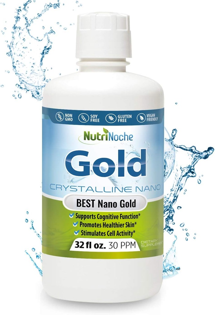 Colloidal Gold Liquid Organic Supplement by Nutrinoche - 100% Pure Nano Gold Mineral - Supports Mental Clarity, Focus &amp; Relax - 32 oz Bottle - Vegan, Gluten-Free - Crystalline- 30 ppm