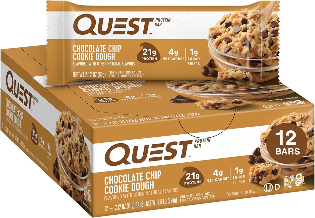 Quest Nutrition Chocolate Chip Dough Cookie Protein Bares, 21g Protein, 1g Sugar, 4g Net Carb, Gluten Free, Keto Friendy, 12 Condes
