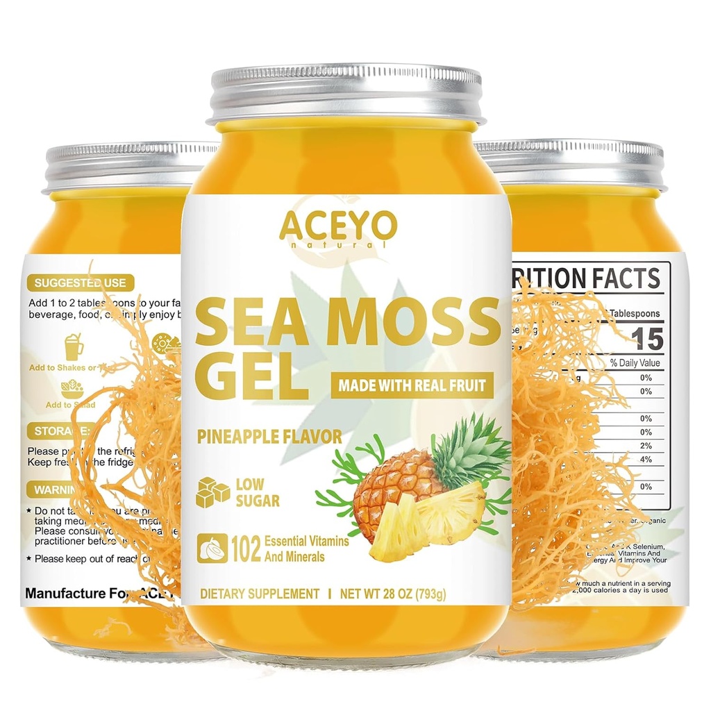 (28 OZ) Sea Moss Gel Raw Flavored Irish Seamoss Gel Natural Vegan Pineapple 102 Vitaminas y Minerales Wild Harvested Non-GMO.