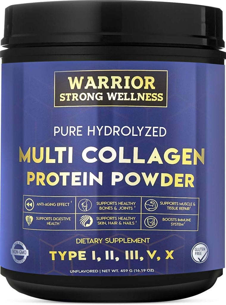 Polvo de proteína multicolagen hidrolizado puro, pólvora de colágeno, energía de botas, para el envejecimiento de la esquía Elasticidad, Hair & Nails Growth Support, Joint Health (Unflavored)
