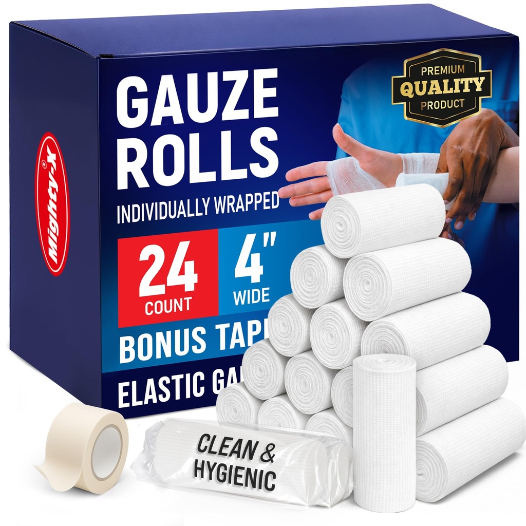 Gauze Rolls - 24 Pack - 4" x 4.1yd Breathable Rolled Gauze - Atrapa individualmente con bonificación - First Aid Conforming Stretch Wrap for Wounds - Mummy Wrap