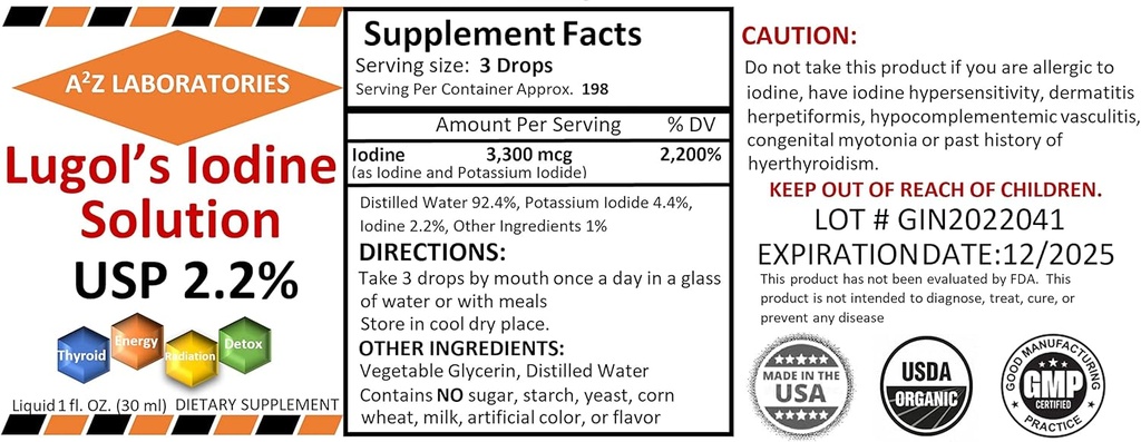 Genérico A2Z Iodida orgánica de Lugol y Potasio 2,0% Solución, 1 Fl Oz - Suplemento líquido gotas para soporte tiroides, Detox, Metabolismo, Hecho en EE.UU.