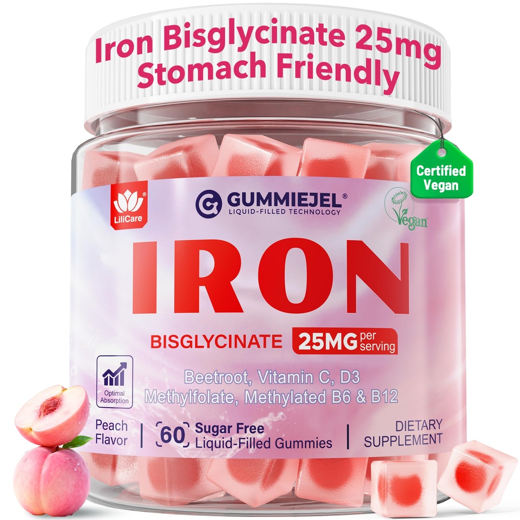 Gummies de hierro para mujeres 25mg Plus Vitamina C, Beet Root, Vitamina B12, Folate for Iron Deficiency, Anemia, Energy Boost, Sugar Free Iron Supplement, Non-Constipating, No After Taste, 60 Cts