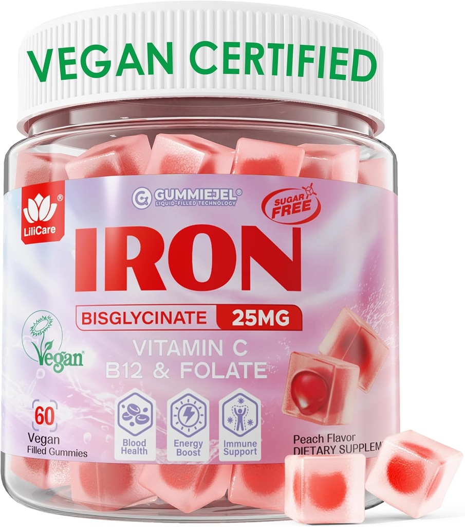 Gummies de hierro para mujeres 25mg Plus Vitamina C, Beet Root, Vitamina B12, Folate for Iron Deficiency, Anemia, Energy Boost, Sugar Free Iron Supplement, Non-Constipating, No After Taste, 60 Cts
