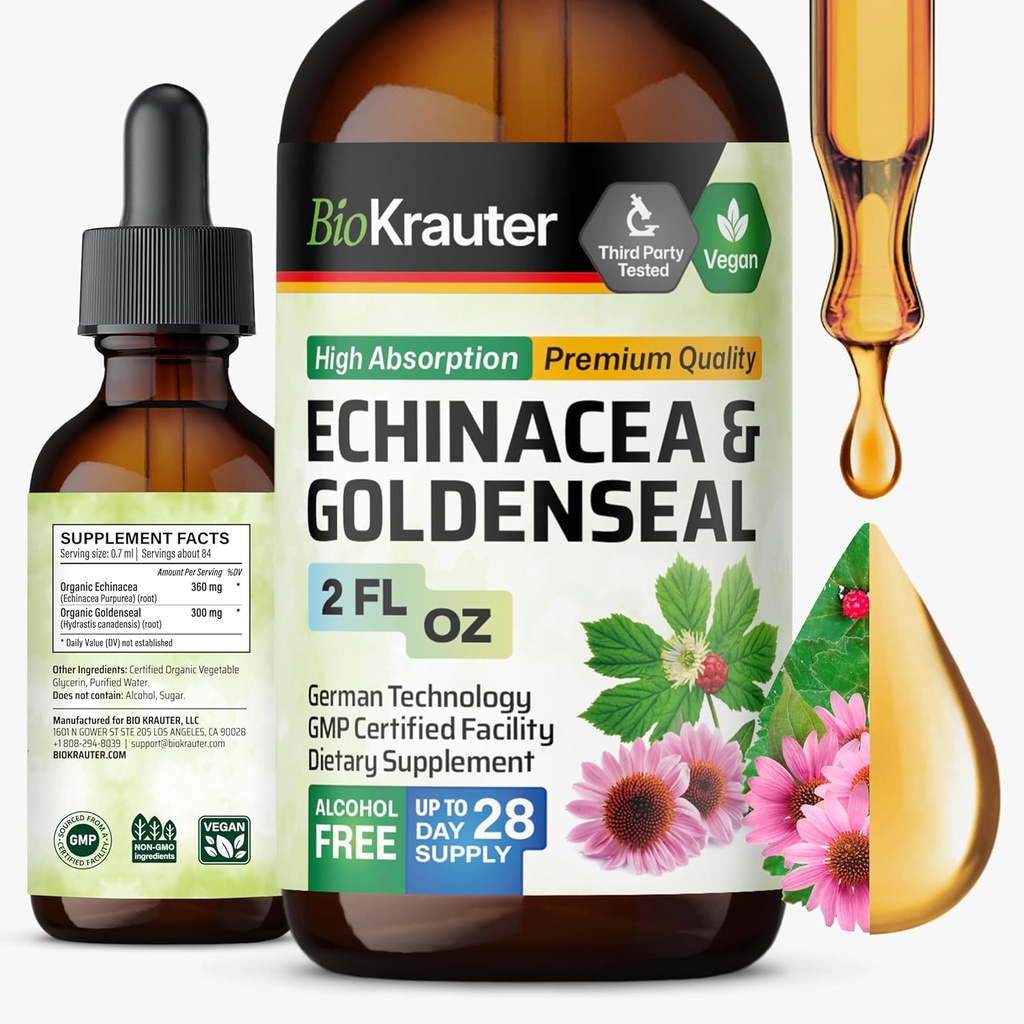 BIO KRAUTER Echinacea and Goldenseal Root Liquid Extract - Natural Immune Support - Echinacea Drops with Goldenseal - Vegan, Alcohol &amp; Sugar Free Tintura - 2 Fl.Oz.