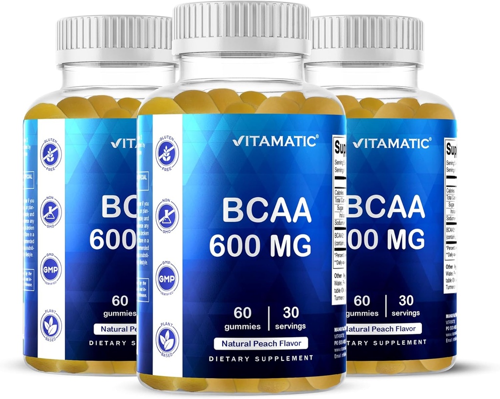Vitamatic BCAA Gummies - Branch Chain Amino Acid Supplements - Peach Flavor - 600mg por Serving - 60 Vegan Pectin Based Gummies (3 Bottles)